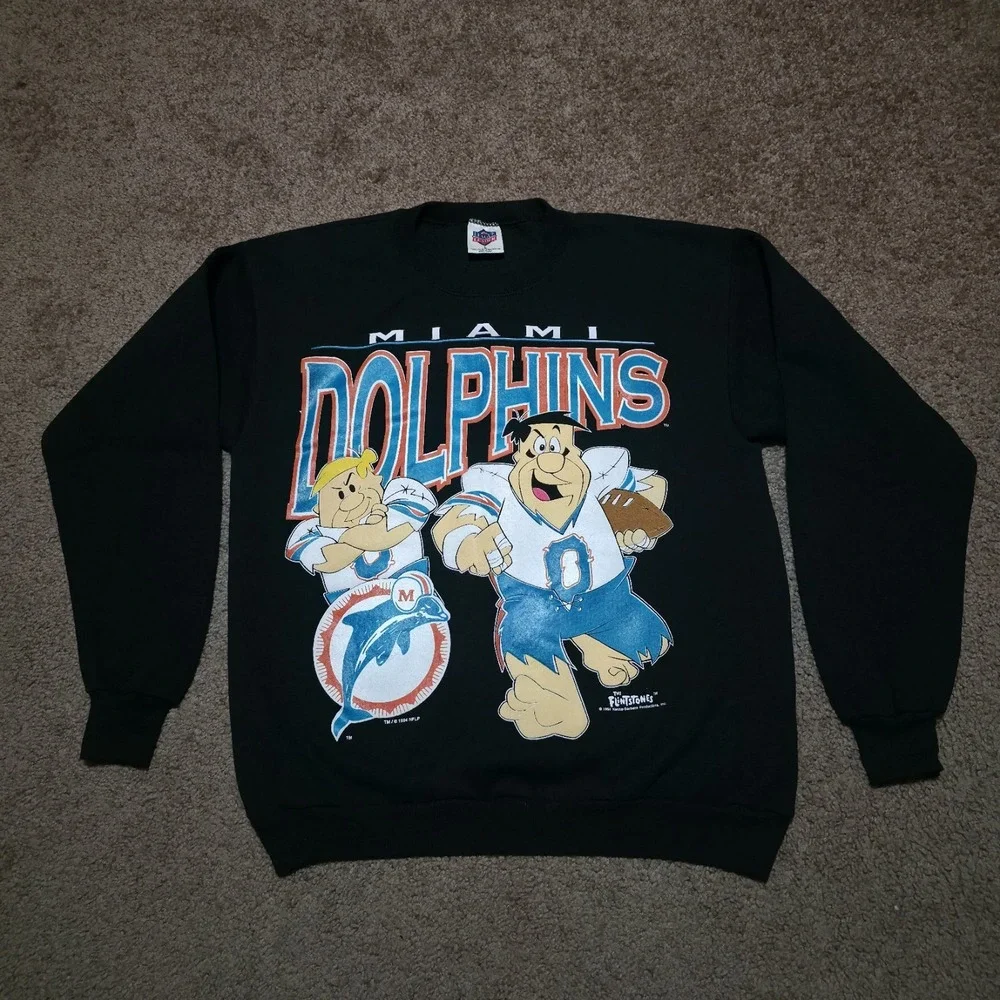 Vintage 1994 Miami Dolphins Flintstones Black NFL Football Sweater Men's Large‎